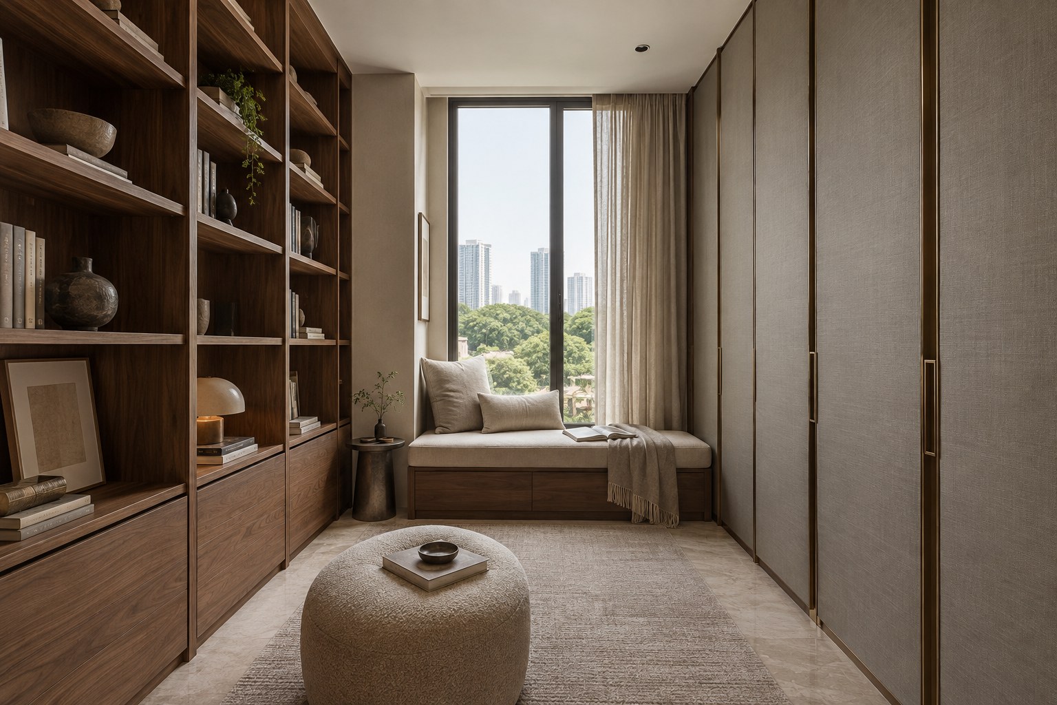 Original bespoke joinery concept with walnut shelving and a reading nook