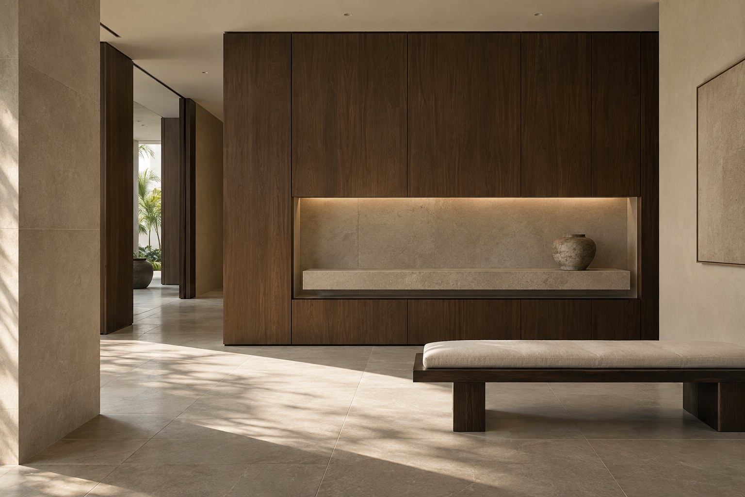 Original entry concept with walnut cabinetry, limestone and soft daylight
