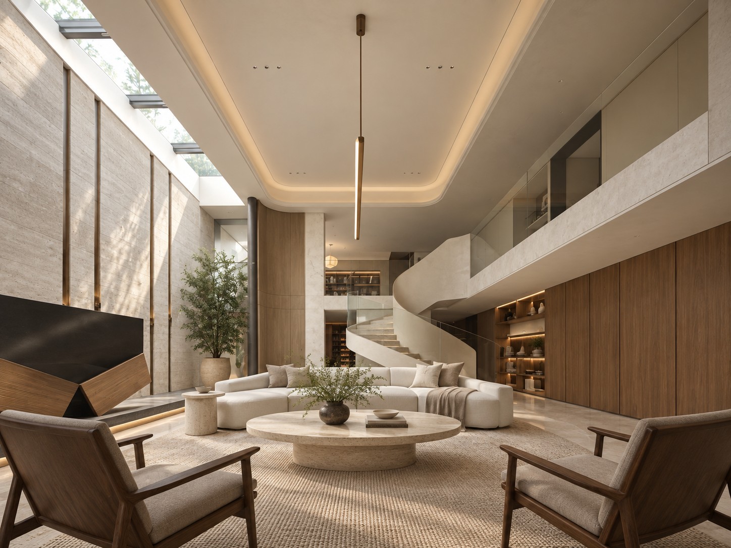 Reimagined double-height villa interior with limestone finishes and a curved staircase