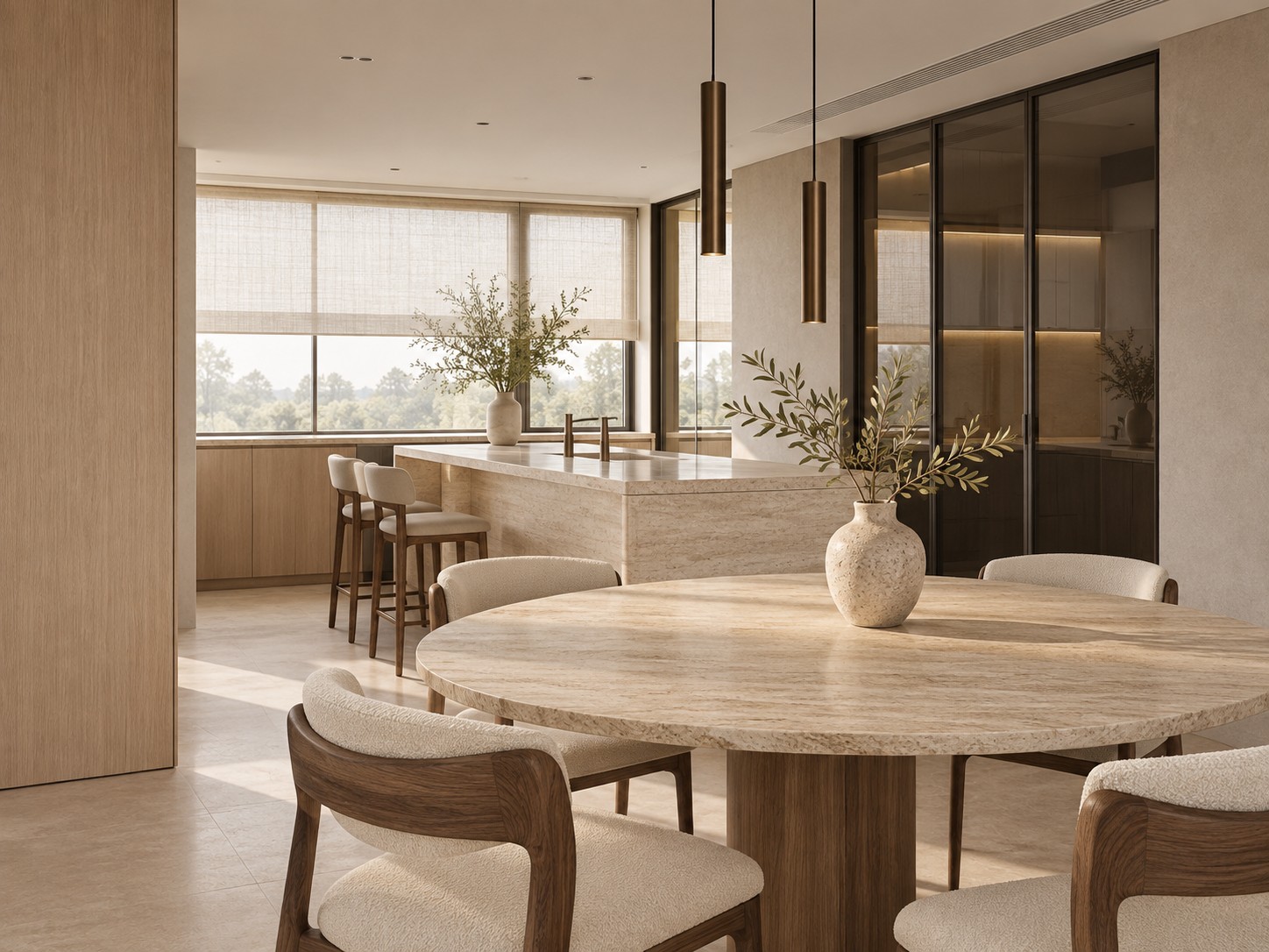 Concept render of a warm travertine dining and material consultation space