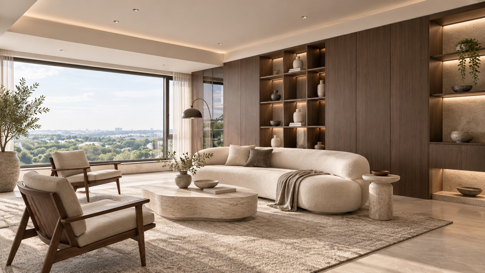 Concept render of an ivory lounge with bespoke walnut display cabinetry
